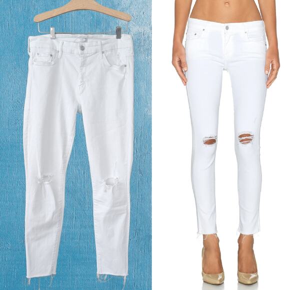 MOTHER The Looker Ankle Fray Jeans Size 29 Little Miss Innocent White Distressed - Picture 1 of 13